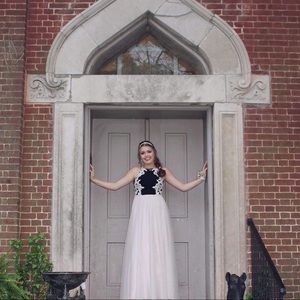 blush and black prom dress